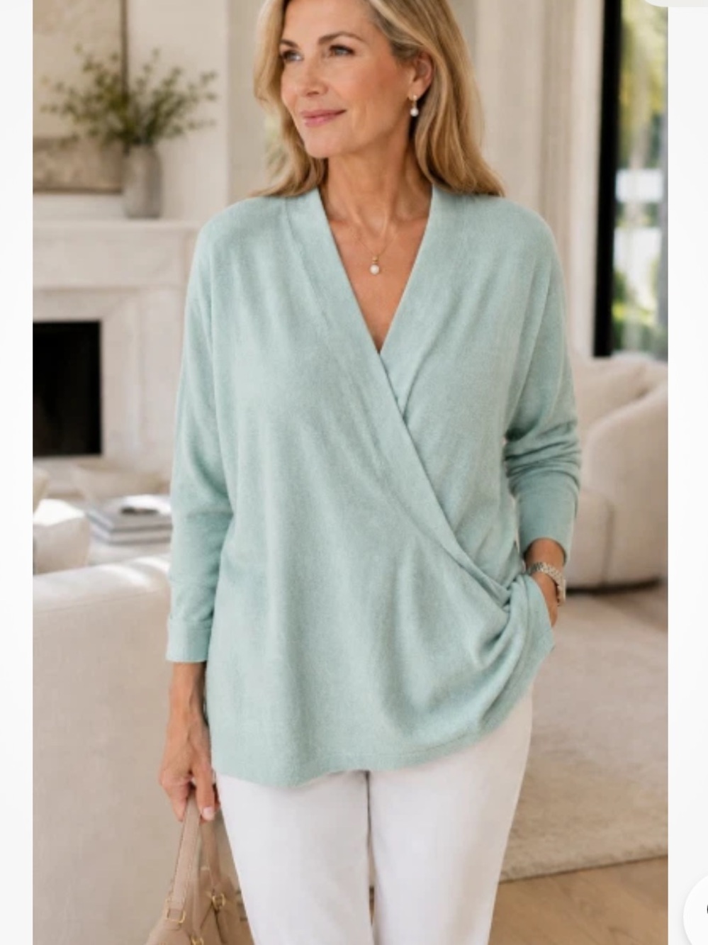 J Jill Wrap Front Sweater green Blue Boho M Lagenlook career quiet luxury wrap